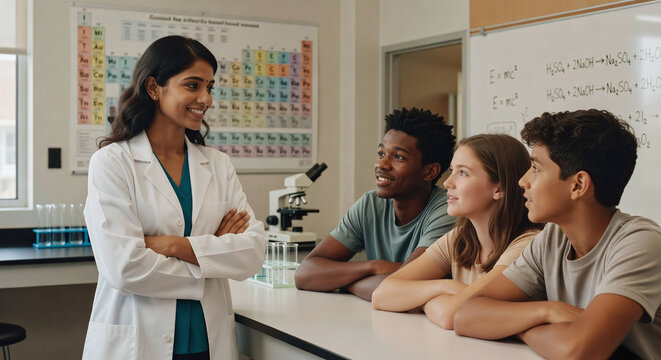 Female STEM teacher engaging diverse students in high school science lab