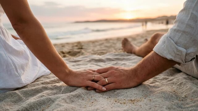Close up of a loving couple holding hands on the beach during sunset