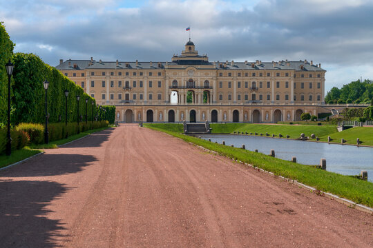 Strelna, St. Petersburg, Russia, June 12, 2025: Konstantinovsky Palace (Bolshoy Strelninsky Palace) of the palace and park ensemble in Strelna from the side of Nizhny Park on a sunny summer day
