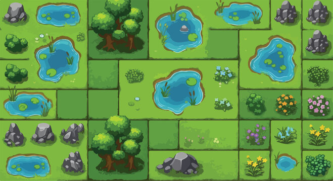Isometric game map tiles, cartoon nature landscape assets with ponds and trees, green meadow garden vector set for mobile gaming UI
