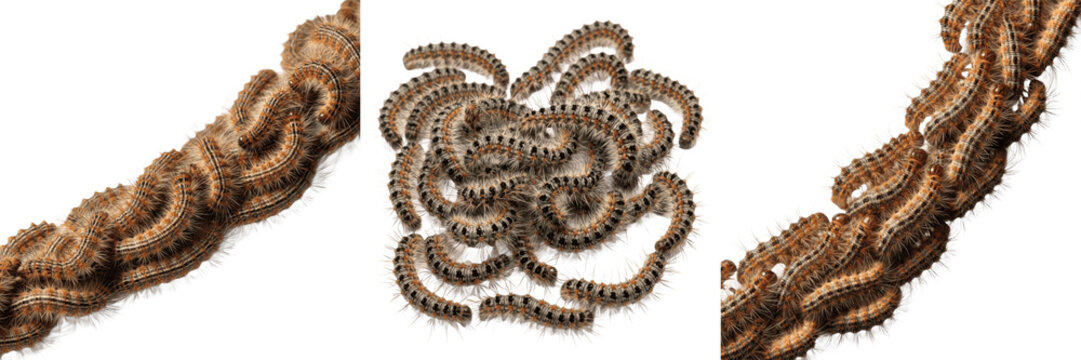 Swarm of tent caterpillars, Malacosoma neustria, Lasiocampidae family, european tent moth colonial silk web tent aggregate, forest orchard canopy tree branch defoliation tracking profile index