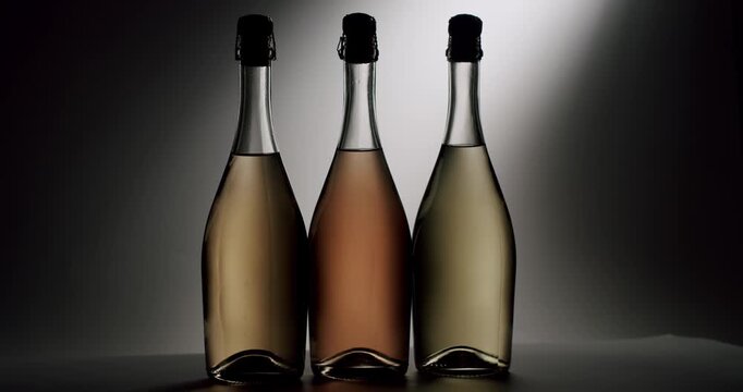 Elegant trio of sparkling wine bottles, featuring white and rose varieties, slowly rotating against a sophisticated, dark-gradient background with a soft spotlight highlighting their shapes