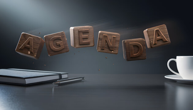 Floating wooden blocks spelling agenda above black notebook and coffee cup on dark desk
