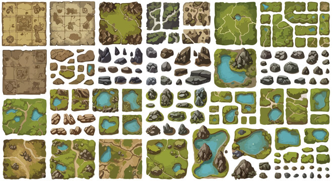 Fantasy RPG map tiles collection, hand-drawn game environment assets, top-down landscape terrain elements with rocks and water ponds vector set