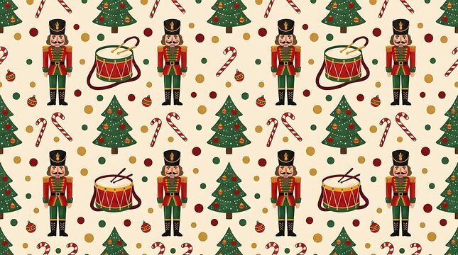 Christmas seamless pattern with nutcracker soldiers and holiday icons
