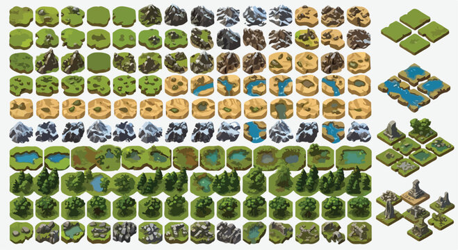 Isometric game map tiles, fantasy world terrain constructor set, hex grid landscape elements for strategy gaming and level design