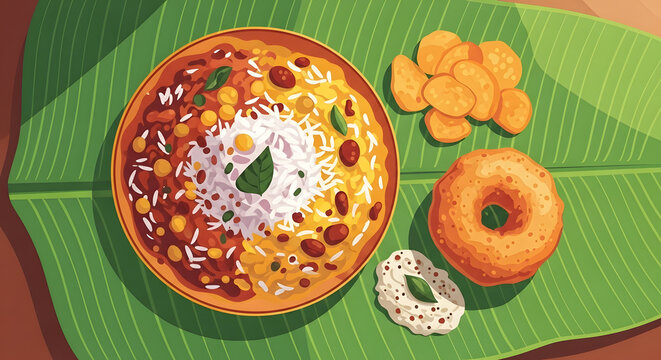 Bowl Indian Curry with Toppings on Green Leaf