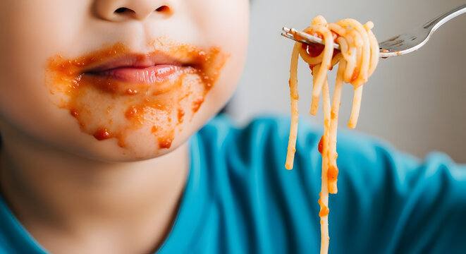 Child Eating Noodles with Sauce