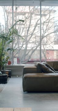 Modern living room interior with large windows, comfortable sofa and lush green plants. Natural light illuminates the space, creating a cozy and inviting atmosphere. Perfect for showcasing furniture