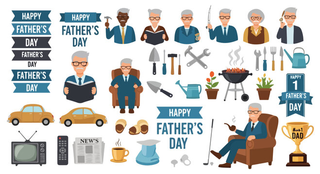 Happy Father's Day vector icon set, elderly dad character with hobby elements, flat cartoon grandfather illustration for greeting cards and posters