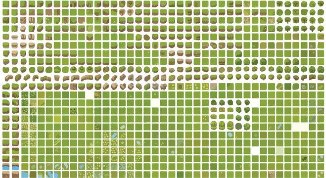 Pixel art game tileset, retro 8-bit landscape map elements, green grass and nature environment sprites for video game development