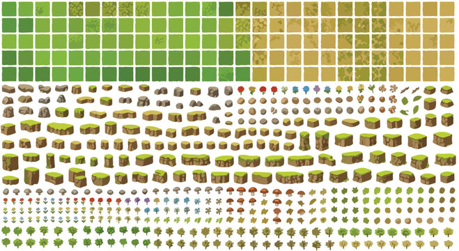 Isometric game assets kit, 2D pixel art environment tiles and nature elements, green grass and dirt ground textures for mobile gaming apps