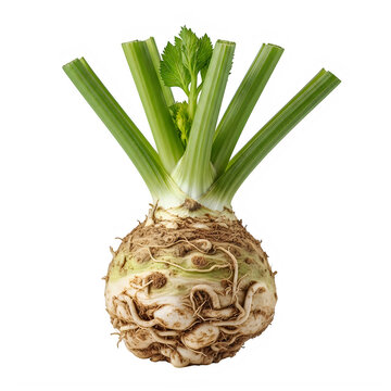 Fresh whole celeriac root vegetable with green stalks and leaves isolated for healthy cooking and nutrition isolated on transparent background
