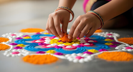 Obraz premium Hand Arranging Colorful Rangoli Design