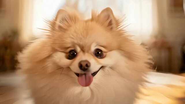Happy Fluffy Pomeranian Dog Running in Sunlit Living Room