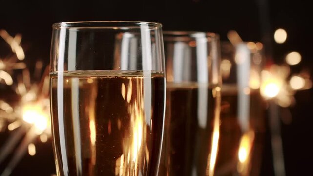 Row of glasses filled with sparkling wine, with rising bubbles and sparklers burning in the background, creating a festive atmosphere for New Year's Eve, Christmas or any other celebration