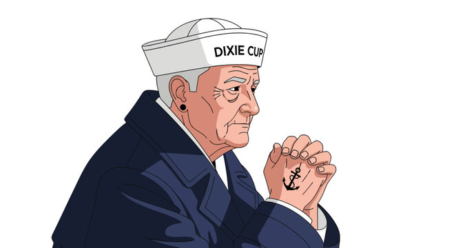 Elderly sailor with anchor tattoo on hands praying.