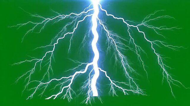 Intense lightning strike overlay on green screen, realistic electric storm discharge for visual effects and compositing