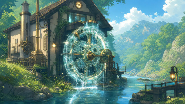 Enchanting water wheel with glowing blue lights in a lush green forest at night featuring beautiful architectural design and magical nature atmosphere
