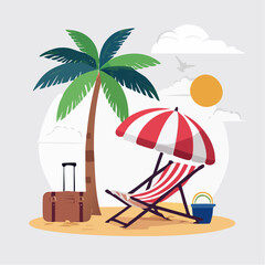 Obraz premium Tropical Beach Vacation Scene with Palm Tree, Umbrella, and Suitcase