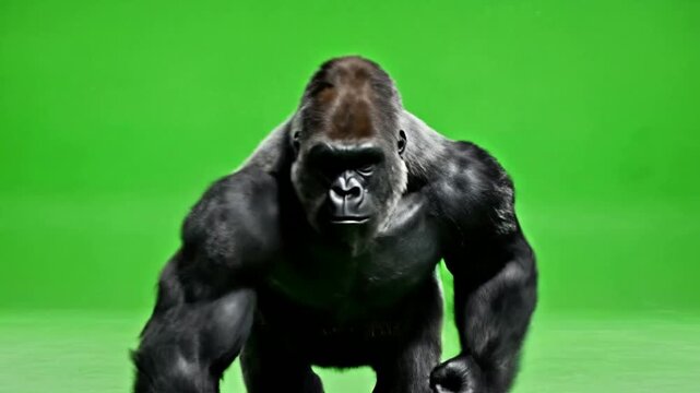Aggressive silverback gorilla roaring and charging, green screen chroma key background, for vfx compositing