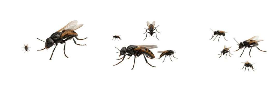 Swarm of insects with detailed wings, Chrysoperla carnea, green lacewing longitudinal veining cells grid network, costal margin fringe bristles layout, aerodynamic design profile view index