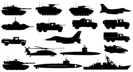 Obraz premium Military Vehicle Silhouettes: Tanks, Jets, Helicopters, Submarines, and Trucks