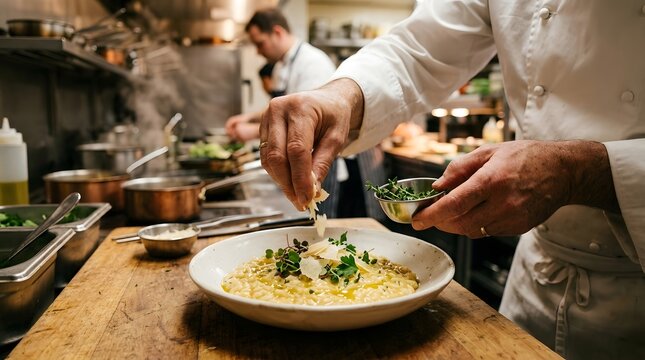 risotto plating scene in warm kitchen light, suitable for culinary courses, menu promotions, and gastronomy content.