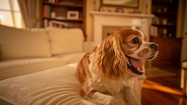 Cavalier King Charles Spaniel resting on ottoman in cozy living room