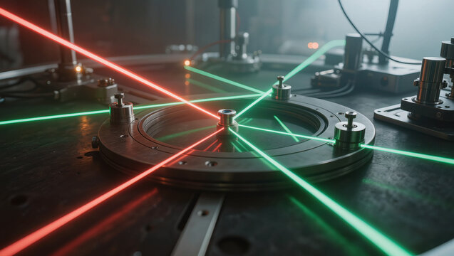 Premium scientific laser optics setup with red and green beams crossing precision optical mounts on research bench, photonics quantum physics, editorial B2B science photography with copy space