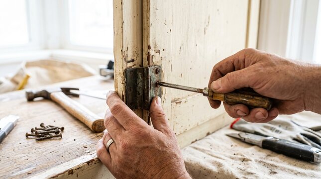 Craftsman repairing old door hinge with screwdriver in workshop