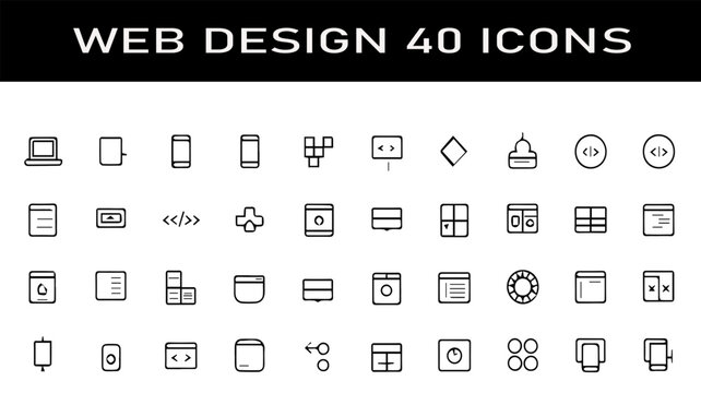 Web Design Icon Set: A comprehensive collection of 40 clean and modern icons specifically designed for web development and user interface design, featuring various elements like devices, code.