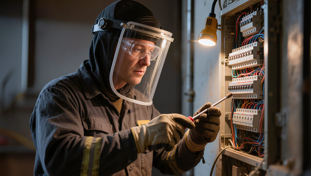 Industrial electrician in arc flash face shield working on open electrical panel with circuit breakers, authentic electrical safety moment, editorial B2B industry photography with copy space