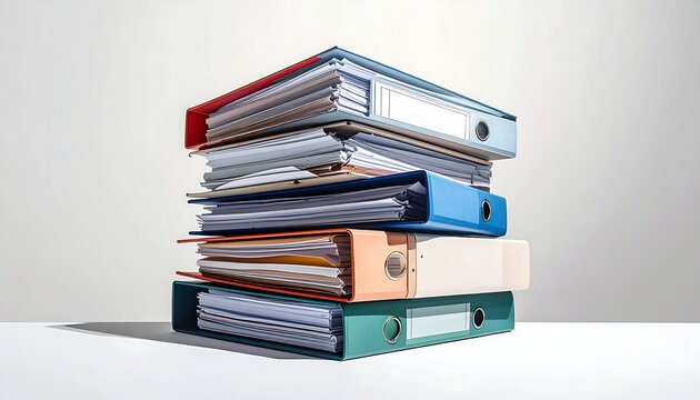 Tall stack of colorful ring binders filled with papers on a white surface, against a gradient grey background