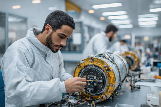 Aerospace engineer cleanroom technician satellite assembly space exploration with research funding focus inside laboratory electronics workstation