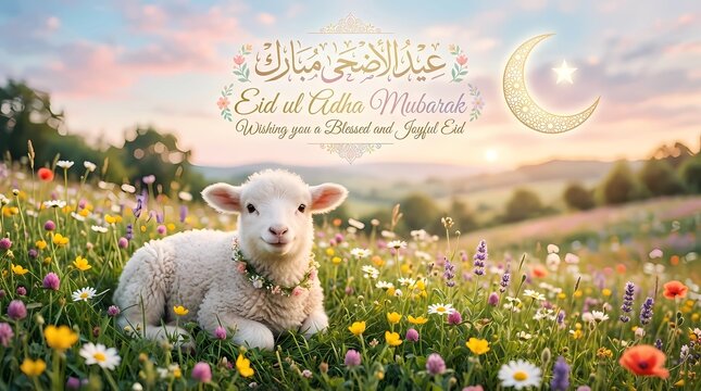 Sheep and lamb grazing in a green meadow field with fresh grass and nature scenery