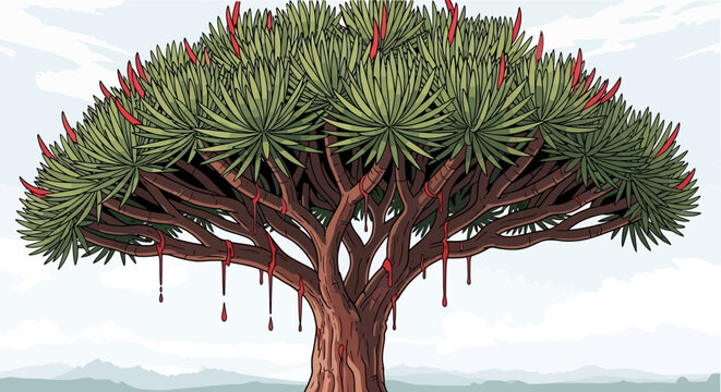 Dragon Tree with Red Sap Droplets and Green Leaves, Exotic Flora Illustration