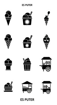 Es Puter Ice Cream Icons: Cones, Cups, Carts - Black & White Vector