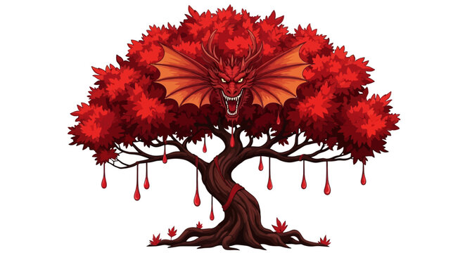 Fantasy Dragon Tree with Red Leaves and Ornaments, Mythical Creature