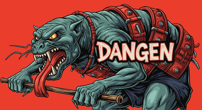 Fierce fantasy monster with sharp teeth and long tongue, wearing armor, red background