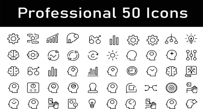 Set of Professional Icons: A comprehensive collection of 50 professional outline icons representing concepts like ideas, gears, growth charts, and human heads.