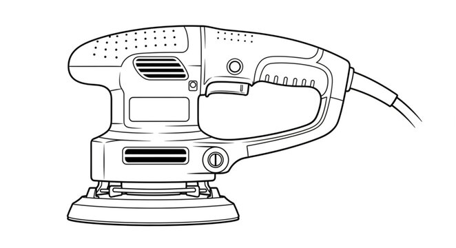 An illustration depicts a person operating an electric sander outdoors on a construction site with a tool and equipment.