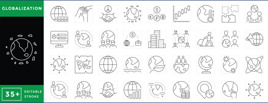 Globalization related 36 line icons set. Vector editable stroke.