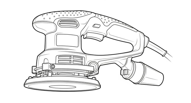 An illustration of a handheld electric sander in action on a work surface