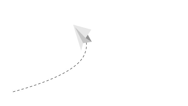 White paper plane flying animation with dashed line path on a white background. Flat design.