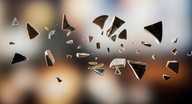 Shattered glass fragments flying apart.