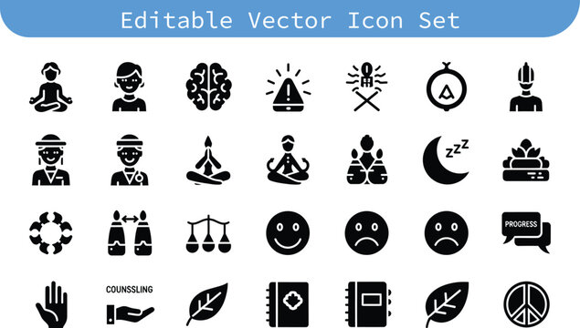 Silhouette icon set for mindfulness health positive emotions with smiley face sad face gift box