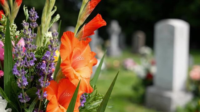 Bright Orange Flowers in a Peaceful Cemetery