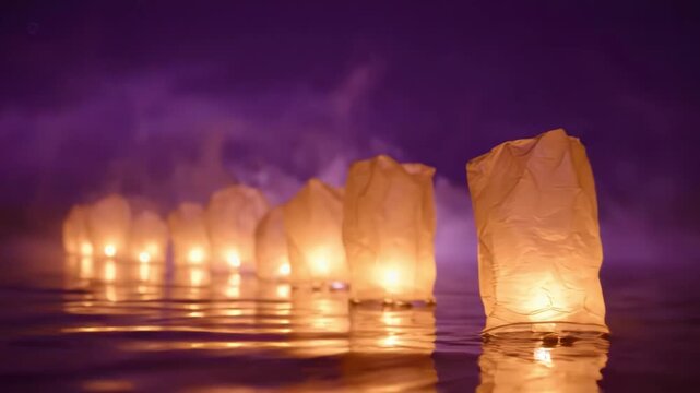 Glowing Paper Lanterns Floating in Misty Purple Night