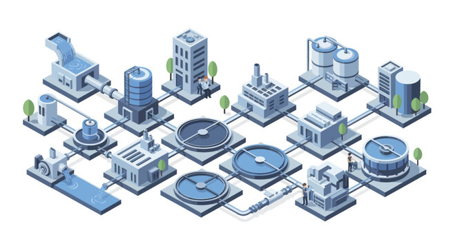 Isometric Industrial Wastewater Treatment Plant Diagram.